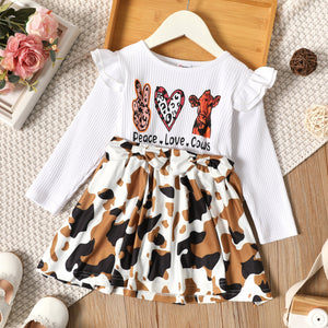 Toddler Girl Animal Cows Letter Print Ruffled Ribbed Long-sleeve Splice Dress