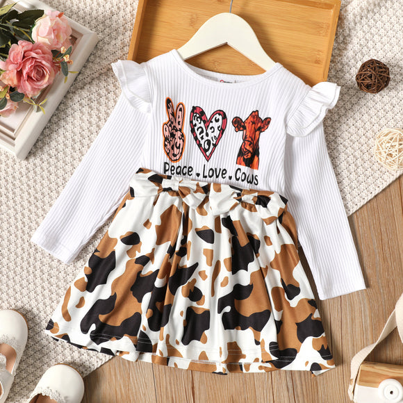 Toddler Girl Animal Cows Letter Print Ruffled Ribbed Long-sleeve Splice Dress