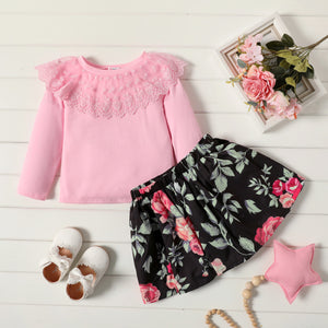 2 piece Toddler Girl Lace Design Long sleeve Pink Top and Floral Print Skirt Set