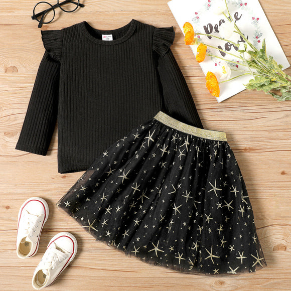 2-piece Toddler Girl Ruffled Long-sleeve Black Ribbed Top and Stars Embroidered Mesh Skirt Set