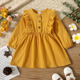 Toddler Girl Ruffled Button Design Floral PrintYellow Long-sleeve Dress