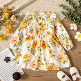 Toddler Girl Ruffled Button Design Floral PrintYellow Long-sleeve Dress