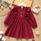 Toddler Girl Ruffled Floral PrintBurgundy Button Design Long-sleeve Dress