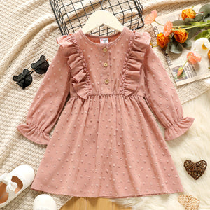 Toddler Girl Ruffled Dotted Swiss Design Long-sleeve Solid Color Dress