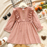 Toddler Girl Ruffled Dotted Swiss Design Long-sleeve Solid Color Dress