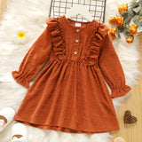 Toddler Girl Ruffled Dotted Swiss Design Long-sleeve Solid Color Dress