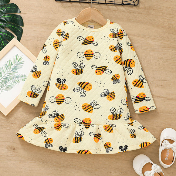 Toddler Girl Bee Print Mermaid Hem Long-sleeve Dress