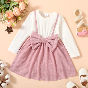 Toddler Girl Faux-two Bowknot Design Cable Knit Textured Long-sleeve Dress