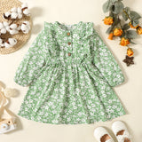 Toddler Girl Ruffled Button Design Floral Print Long-sleeve Dress