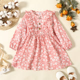 Toddler Girl Ruffled Button Design Floral Print Long-sleeve Dress