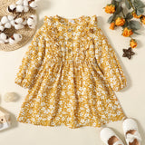 Toddler Girl Ruffled Button Design Floral Print Long-sleeve Dress