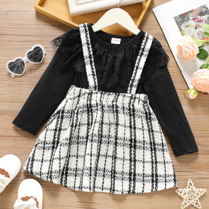 2-piece Toddler Girl Lace Design Long-sleeve Black Tee and Plaid Tweed Suspender Skirt Set