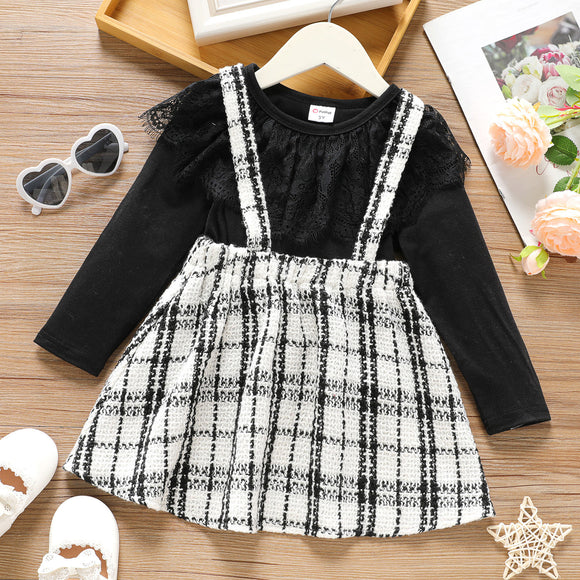 2-piece Toddler Girl Lace Design Long-sleeve Black Tee and Plaid Tweed Suspender Skirt Set