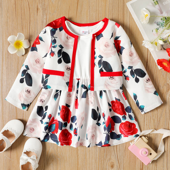 2-piece Toddler Girl Floral Print Splice Long-sleeve Dress and Cardigan Set