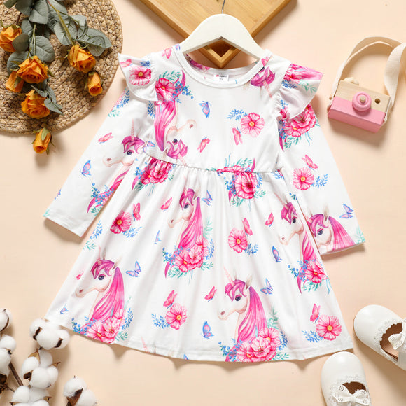 Toddler Girl Unicorn Floral Print Long-sleeve Dress