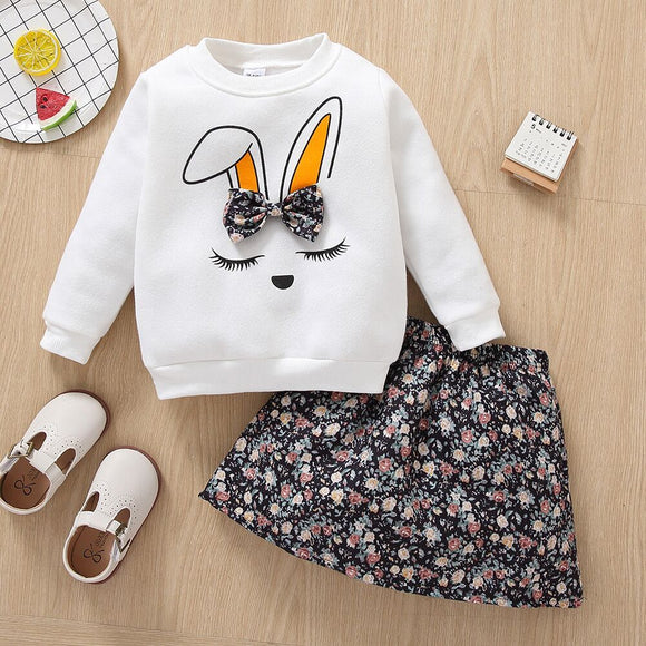 2-piece Toddler Girl Cute Rabbit Print Bowknot Design White Sweatshirt and Floral Print Skirt Set