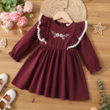 Toddler Girl Floral Pattern Ruffled Lace Design Long-sleeve Dress