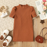 Toddler Girl Solid Color Mock Neck Short Puff sleeve Ribbed Dress