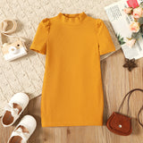 Toddler Girl Solid Color Mock Neck Short Puff sleeve Ribbed Dress