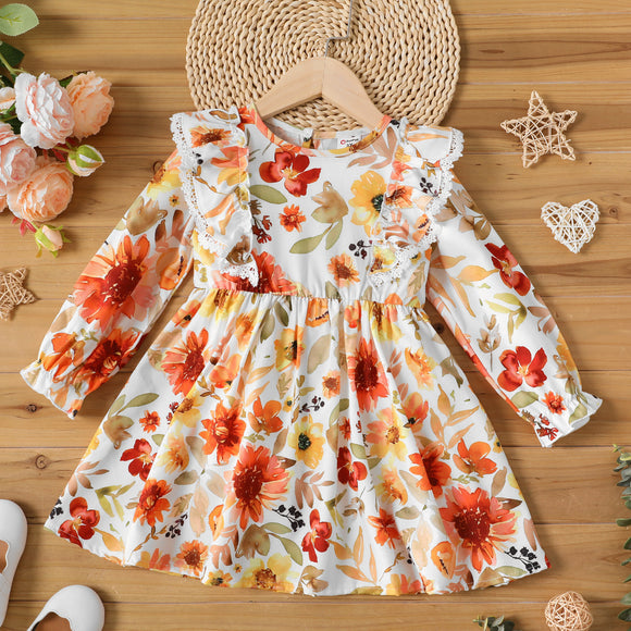 Toddler Girl Floral Pattern Ruffled Lace Design Long-sleeve Dress