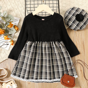 2-piece Toddler Girl Lace Hem Plaid Splice Long-sleeve Dress and Beret Set