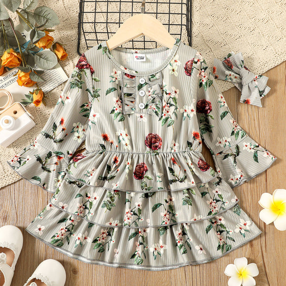 Toddler Girl Floral Print Button Design Layered Long-sleeve Dress