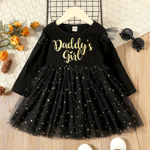 Toddler Girl Letter Print Stars Glitter Design Mesh Long-sleeve Black Dress