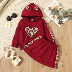 2 piece Toddler Girl Leopard Heart Print Textured Hoodie Sweatshirt and Red Skirt Set