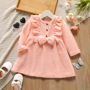 Toddler Girl Ruffled Bowknot Button Design Long-sleeve Fuzzy Pink Dress