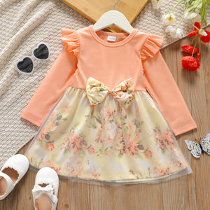 Toddler Ruffled Ribbed Floral Print Splice Mesh Design Long-sleeve Dress