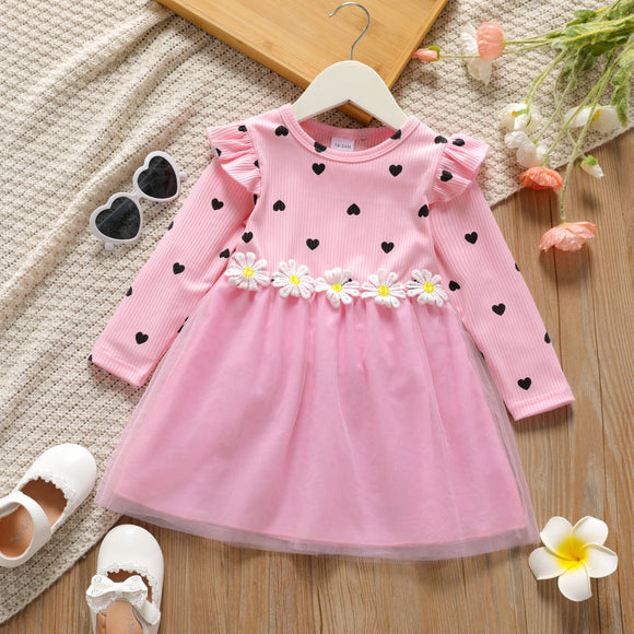 Toddler Girl Floral Decor Heart Print Mesh Design Long-sleeve Pinkl Dress