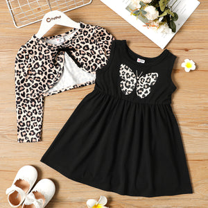 2-piece Toddler Girl Butterfly Print Sleeveless Black Dress and Leopard Print Cardigan Set