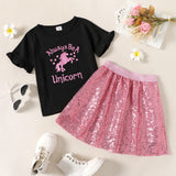 2-piece Kid Girl Unicorn Letter PrintSequin Rabbit Pattern Heart Print Short-sleeve Tee and Sequined Skirt Set