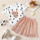 2-piece Kid Girl Unicorn Letter PrintSequin Rabbit Pattern Heart Print Short-sleeve Tee and Sequined Skirt Set