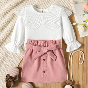 2-piece Toddler Girl 100% Cotton Statement Collar Ruffled Long-sleeve White Top and Button Design Belted Pink Skirt Set