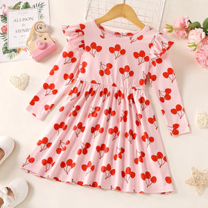 Toddler Girl Ruffled Cherry Print Long sleeve Dress