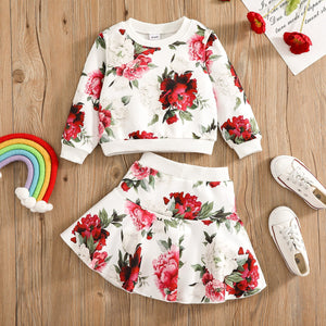 2-piece Toddler Girl Floral Print Pullover Sweatshirt and Elasticized Skirt Set