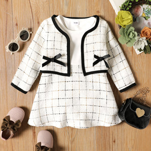 2-piece Toddler Girl Plaid Tweed Splice Long-sleeve Dress and Bowknot Design Cardigan Set