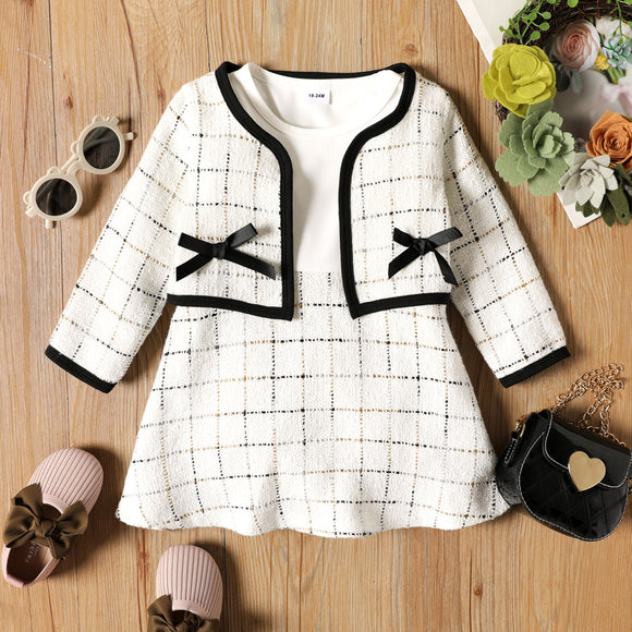 2-piece Toddler Girl Plaid Tweed Splice Long-sleeve Dress and Bowknot Design Cardigan Set