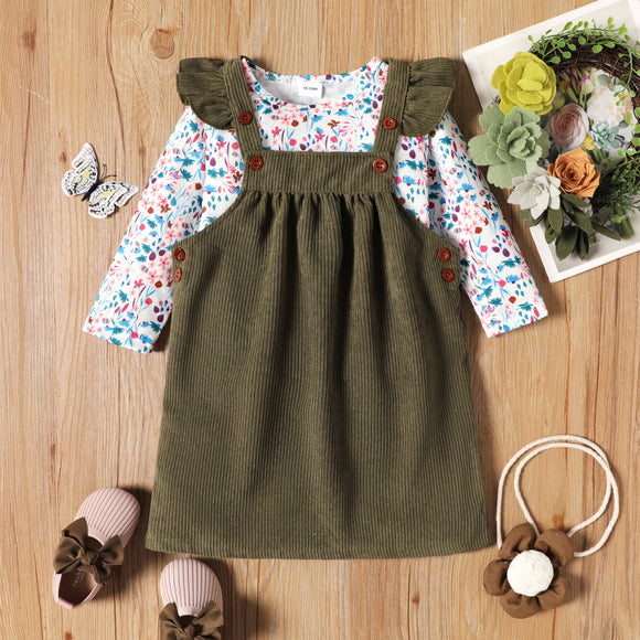 2-piece Toddler Girl Floral Print Long-sleeve Tee and Ruffled Button DesignFox Pattern Overall Dress Set