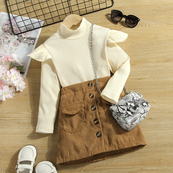 2-piece Toddler Girl Ruffled Mock Neck Long-sleeve Ribbed Top and Button Design Corduroy Brown Skirt Set