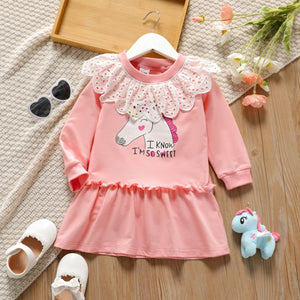 Toddler Girl Schiffy Collar Design Ruffled Letter Unicorn Print Long-sleeve Pink Dress