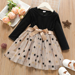 Toddler Girl Stars Glitter Design Mesh Splice Belted Long-sleeve Dress