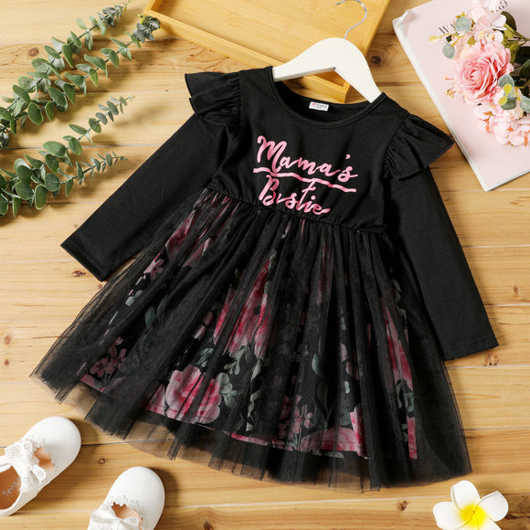 Toddler Girl Letter Print Ruffled Floral Print Mesh Design Long-sleeve Dress