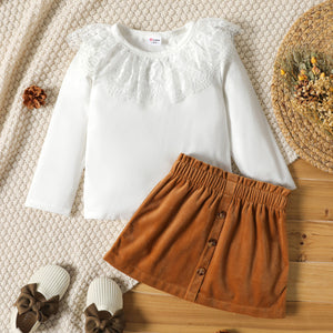 2-piece Toddler Girl Lace Design Long-sleeve White Top and Button Design Brown Paperbag Skirt Set