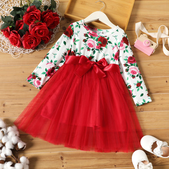 Toddler Girl Floral Print Bowknot Design Mesh Splice Long-sleeve Dress