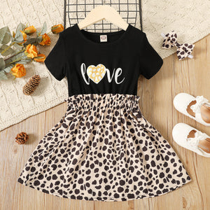 2-piece Toddler Girl Letter Leopard Print Ruffled Splice Short-sleeve Dress and Headband Set