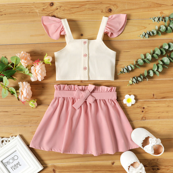 2-piece Toddler Girl Ruffled Button Design Camisole and Belted Pink Paperbag Skirt Set