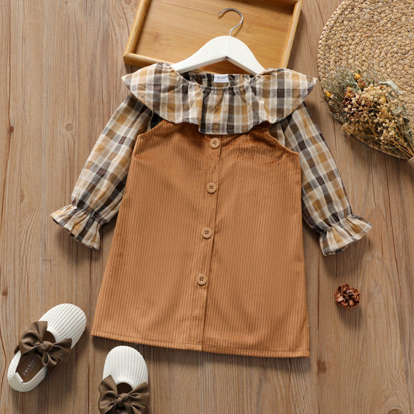 2-piece Toddler Girl Flounce Plaid Long-sleeve Top nad Button Design Ribbed Overall Dress Set