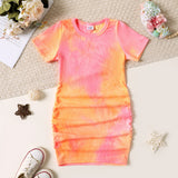 Toddler Girl Tie Dyed Round-collar Ruched Short-sleeve Dress